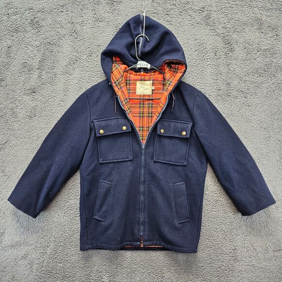 Sir Jac Jacket Men Size 38 Blue Hooded Full Zip Plaid Lined - Picture 1 of 14